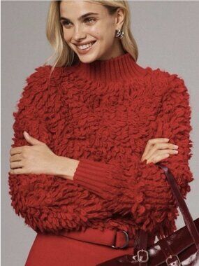 ANTHROPOLOGIE MAEVE Callahan Mock-Neck Loop-Stitch Jumper Red Small